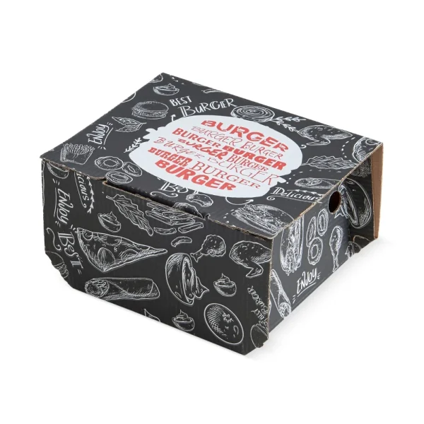 Cutii burger, din carton natur, cu autoformare, imprimate negru, roșu și alb