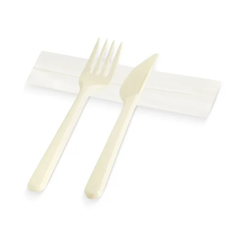 Set furculiță și cuțit de unică folosință, din plastic + șervețel