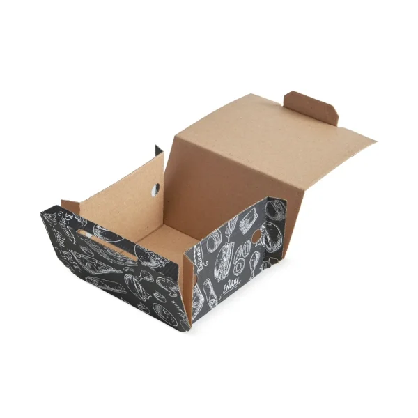 Cutii burger, din carton natur, cu autoformare, imprimate negru, roșu și alb
