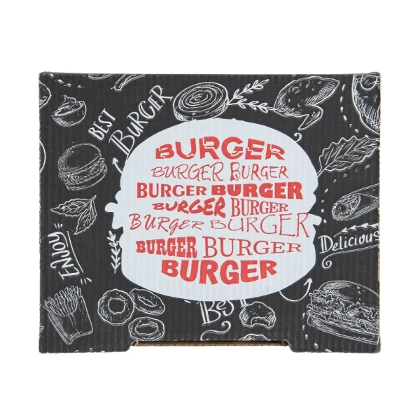 Cutii burger, din carton natur, cu autoformare, imprimate negru, roșu și alb