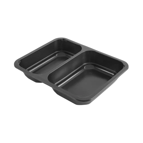 Caserolă de unică folosință, pp, 2 compartimente, neagră, termosudabilă